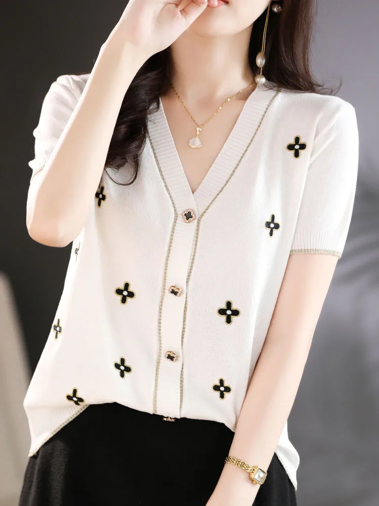 Элегантный женский кардиган с V-образным вырезом из ледяного шелка, свободный тонкий льняной вязаный топ-футболка
Элегантный женский кардиган с V-образным вырезом из ледяного шелка, свободный тонкий льняной вязаный топ-футболка