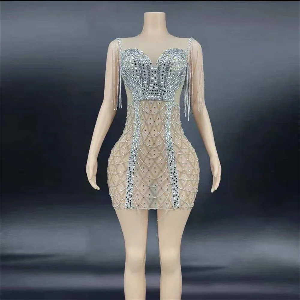 Sleeveless Shining Sparkly Rhinestones Tassel Sexy Women Dress Bar Nightclub Party Clothing Dance Stage Singer Costumes
Sleeveless Shining Sparkly Rhinestones Tassel Sexy Women Dress Bar Nightclub Party Clothing Dance Stage Singer Costumes