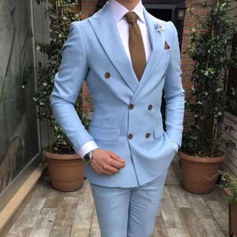 Slim Fit Double Breasted Suits For Men 2 Piece Light Blue Wedding Tuxedo For Groom With Peaked Lapel Custom Man Fashion Costume
Slim Fit Double Breasted Suits For Men 2 Piece Light Blue Wedding Tuxedo For Groom With Peaked Lapel Custom Man Fashion Costume
