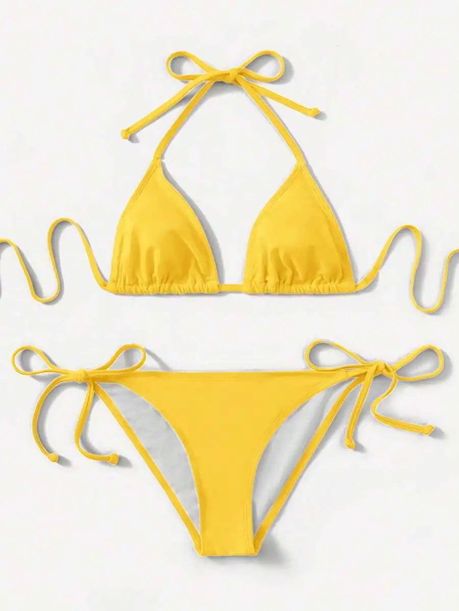 Solid Color Halter Triangle Bikini Set With Adjustable Ties
Solid Color Halter Triangle Bikini Set With Adjustable Ties