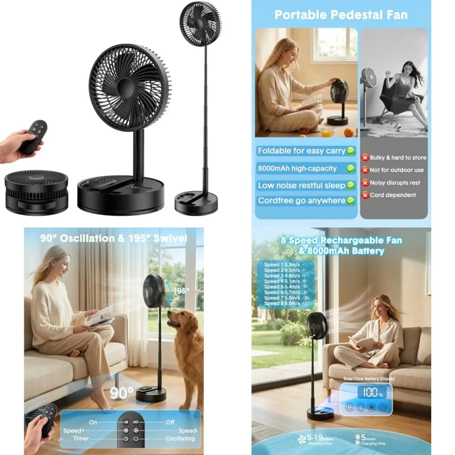 Portable Standing Oscillating Rechargeable Fan - 8" 8000mah Battery Operated USB Fans for Bedroom Quiet Remote Folding Pedestal
Portable Standing Oscillating Rechargeable Fan - 8" 8000mah Battery Operated USB Fans for Bedroom Quiet Remote Folding Pedestal