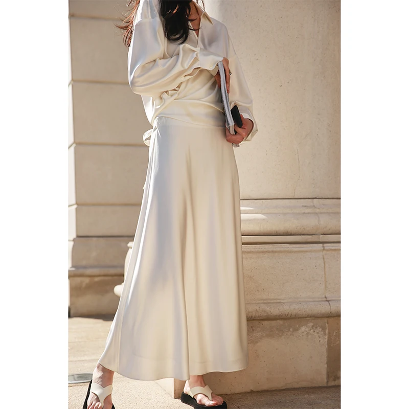FANNIU Elegant White Silk Long Shirt Women's Asymmetrical Hem Skirt Set Fashionable Tie Design Spring Summer Collection
FANNIU Elegant White Silk Long Shirt Women's Asymmetrical Hem Skirt Set Fashionable Tie Design Spring Summer Collection