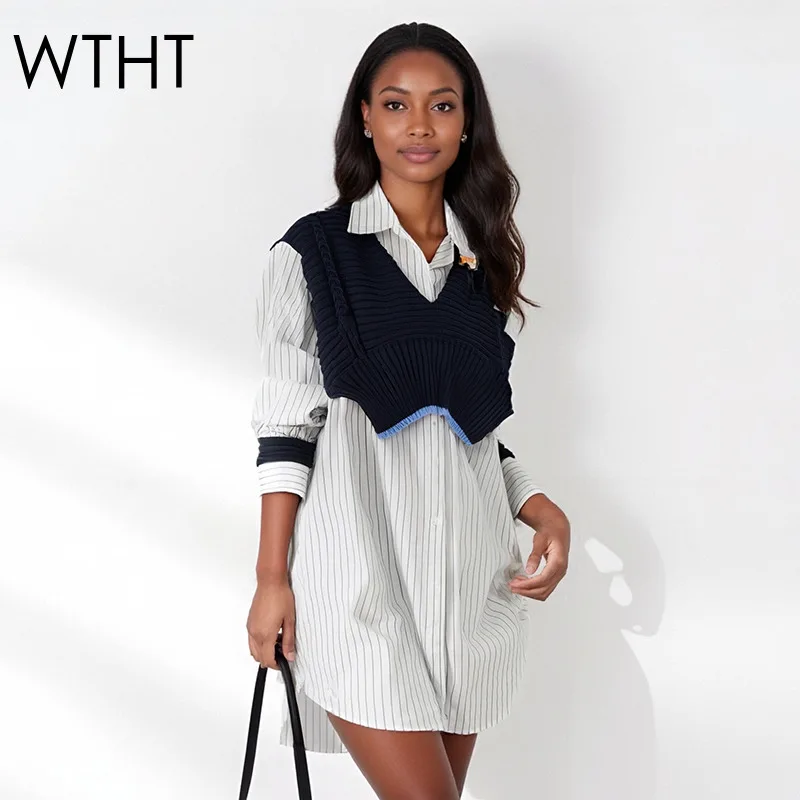 WTHT Fashion Women's Spliced Knit Shawl Fake Two-piece Striped Shirt 2025 Autumn Trendy Lapel Long Sleeves Blouse Female 1LS2312
WTHT Fashion Women's Spliced Knit Shawl Fake Two-piece Striped Shirt 2025 Autumn Trendy Lapel Long Sleeves Blouse Female 1LS2312