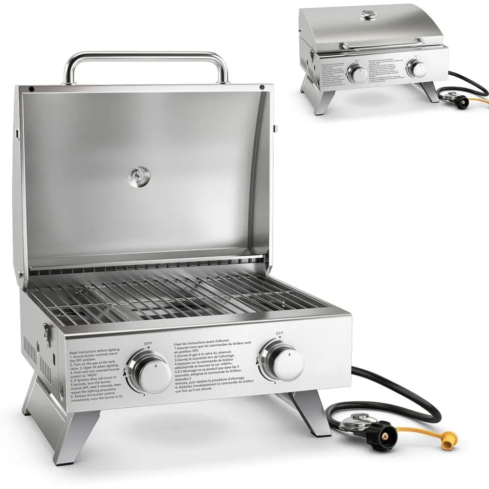 Portable Gas Grill with 2 Burner, Max. 20,000 total, olding Legs, Built-in Thermometer, Travel Locks, StainlSteel Tabletop Propa
Portable Gas Grill with 2 Burner, Max. 20,000 total, olding Legs, Built-in Thermometer, Travel Locks, StainlSteel Tabletop Propa