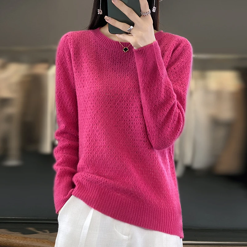 Round neck wispy hollow 100% wool sweater for women's 2023 autumn/winter new solid color sweater loose and lazy top
Round neck wispy hollow 100% wool sweater for women's 2023 autumn/winter new solid color sweater loose and lazy top