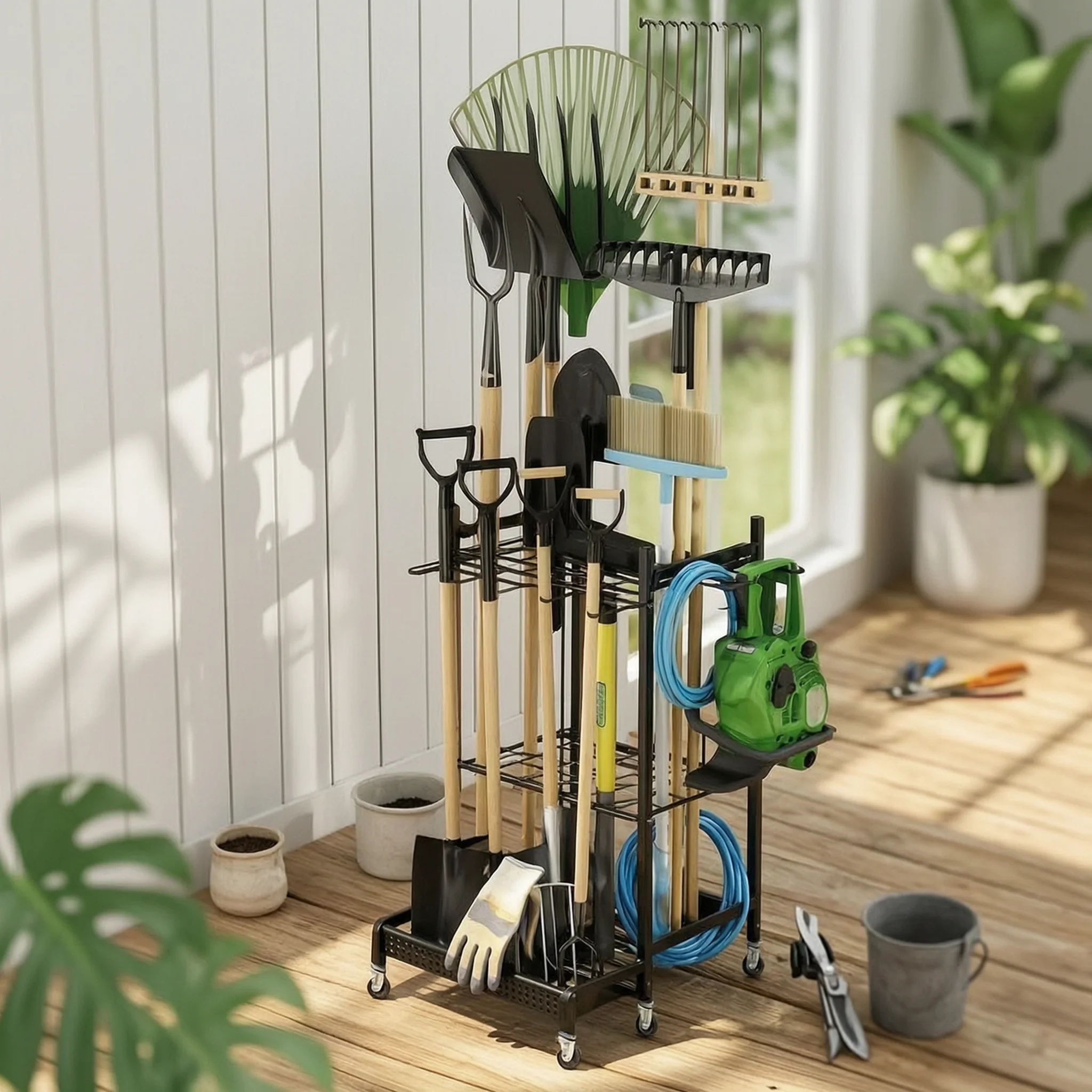 Wheeled Tool Rack Caster Wheels Rolling Tool Organizer Garden Storage Cart Hooked Hook Storage Rack Freestanding Design
Wheeled Tool Rack Caster Wheels Rolling Tool Organizer Garden Storage Cart Hooked Hook Storage Rack Freestanding Design