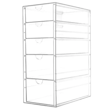 5 Tier Acrylic Drawer Organizer Clear Desk Stackable Makeup Cosmetic Jewelry Storage Box with 5 Sliding Drawers Large Capacity