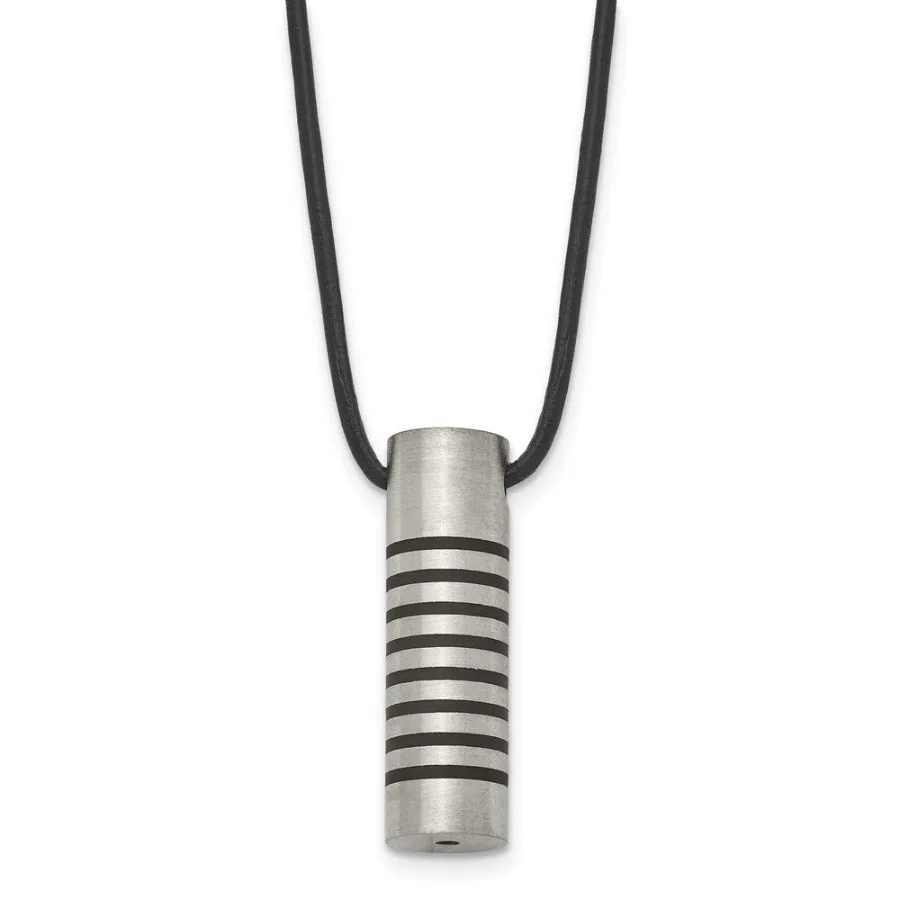 Chisel Stainless Steel Brushed and Polished with Black Rubber Cylinder on an 18 inch Leather Cord Necklace
Chisel Stainless Steel Brushed and Polished with Black Rubber Cylinder on an 18 inch Leather Cord Necklace