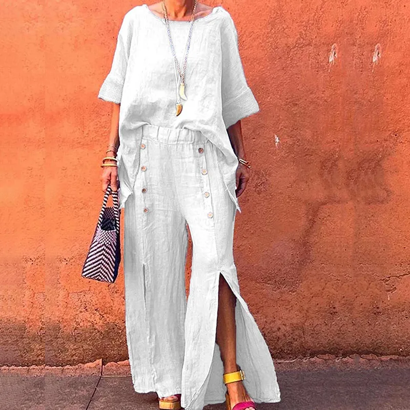 Casual O-neck Pullover + Long Pants Suit Fashion Button Split Solid Color Outfits New Cotton Linen Loose Women's Two Piece Sets
Casual O-neck Pullover + Long Pants Suit Fashion Button Split Solid Color Outfits New Cotton Linen Loose Women's Two Piece Sets
