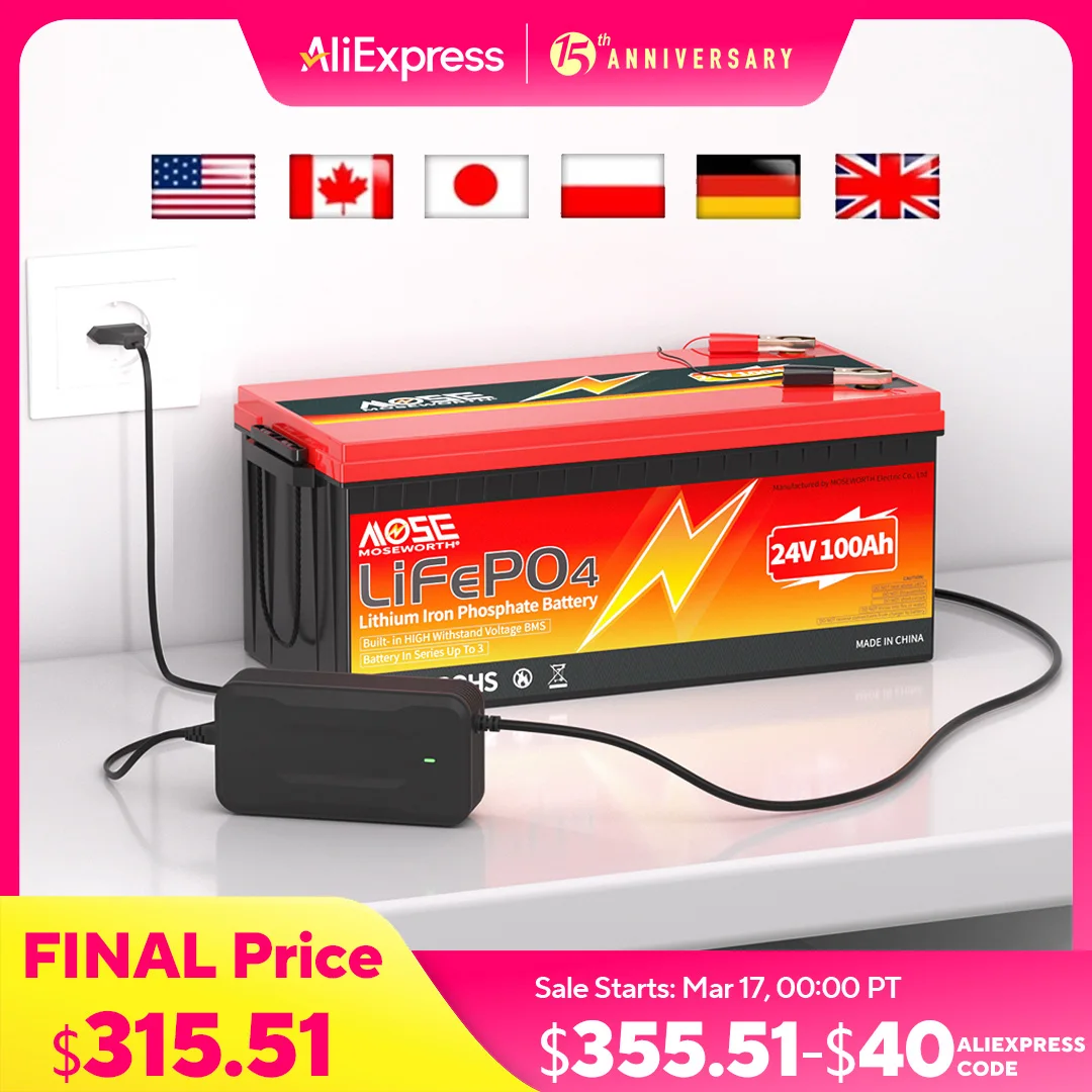 24V 100Ah LiFePO4 Battery Builti in 200A BMS 2560Wh Rechargeable Lithium Ion Batteries Series Parallel for Camper Solar Boat
24V 100Ah LiFePO4 Battery Builti in 200A BMS 2560Wh Rechargeable Lithium Ion Batteries Series Parallel for Camper Solar Boat