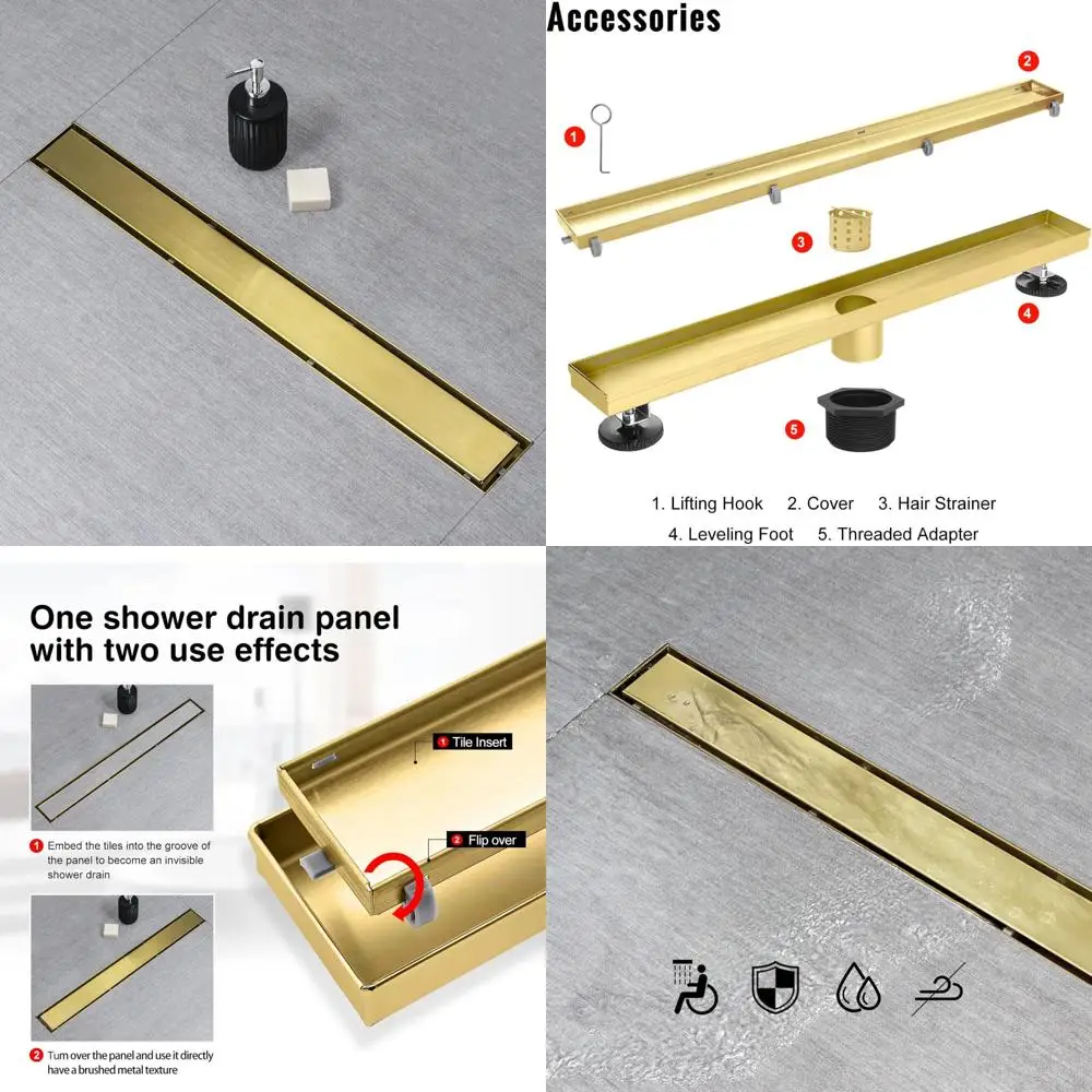 18 Inch Gold Linear Shower Drain with Invisible 2-in-1 Tile Insert Panel, 304 Stainless Steel Brushed Finish, Modern Bathroom Fl
18 Inch Gold Linear Shower Drain with Invisible 2-in-1 Tile Insert Panel, 304 Stainless Steel Brushed Finish, Modern Bathroom Fl