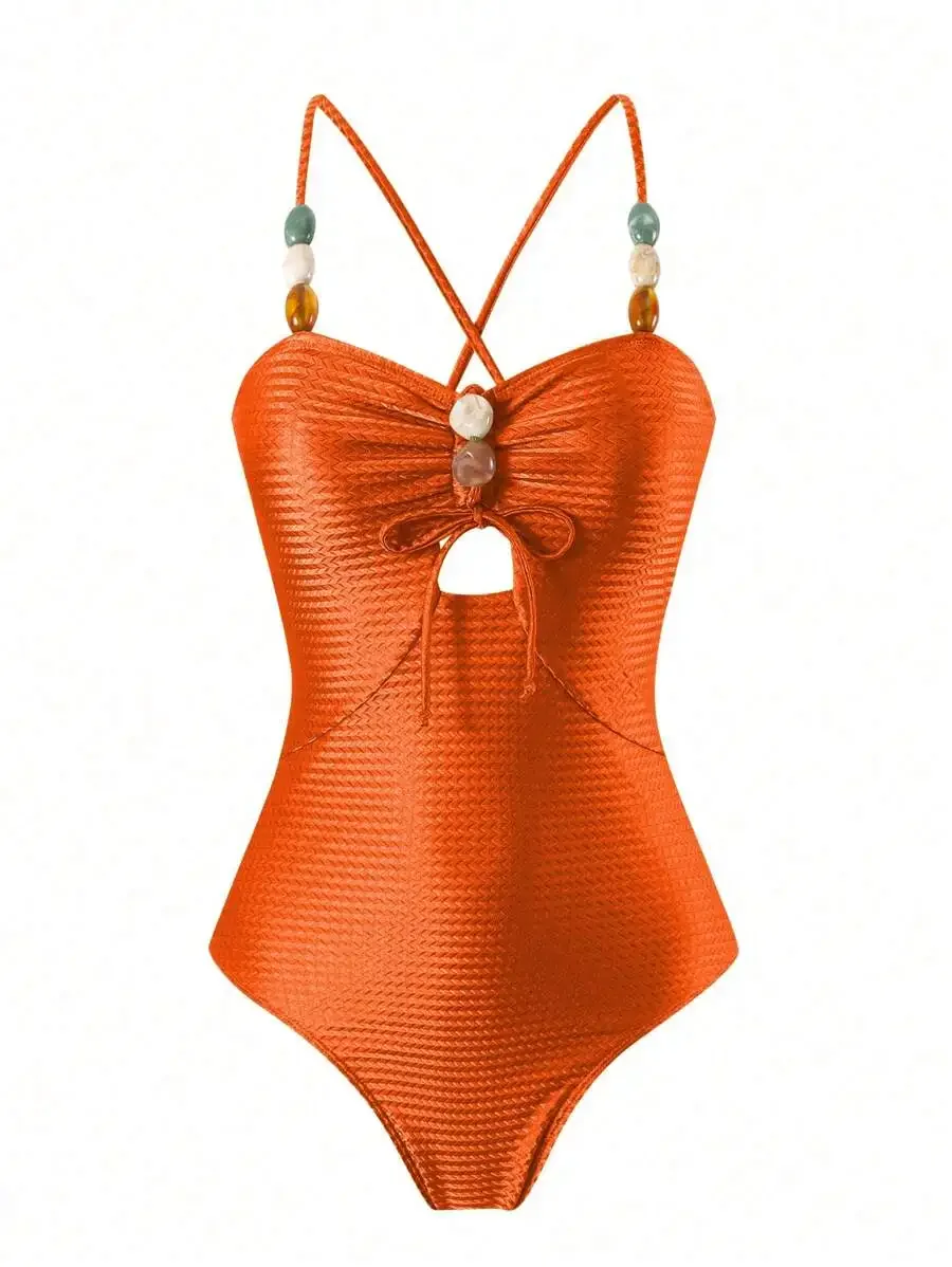 Women Solid Color Spaghetti Strap One Piece Swimsuit With Beaded Straps
Women Solid Color Spaghetti Strap One Piece Swimsuit With Beaded Straps