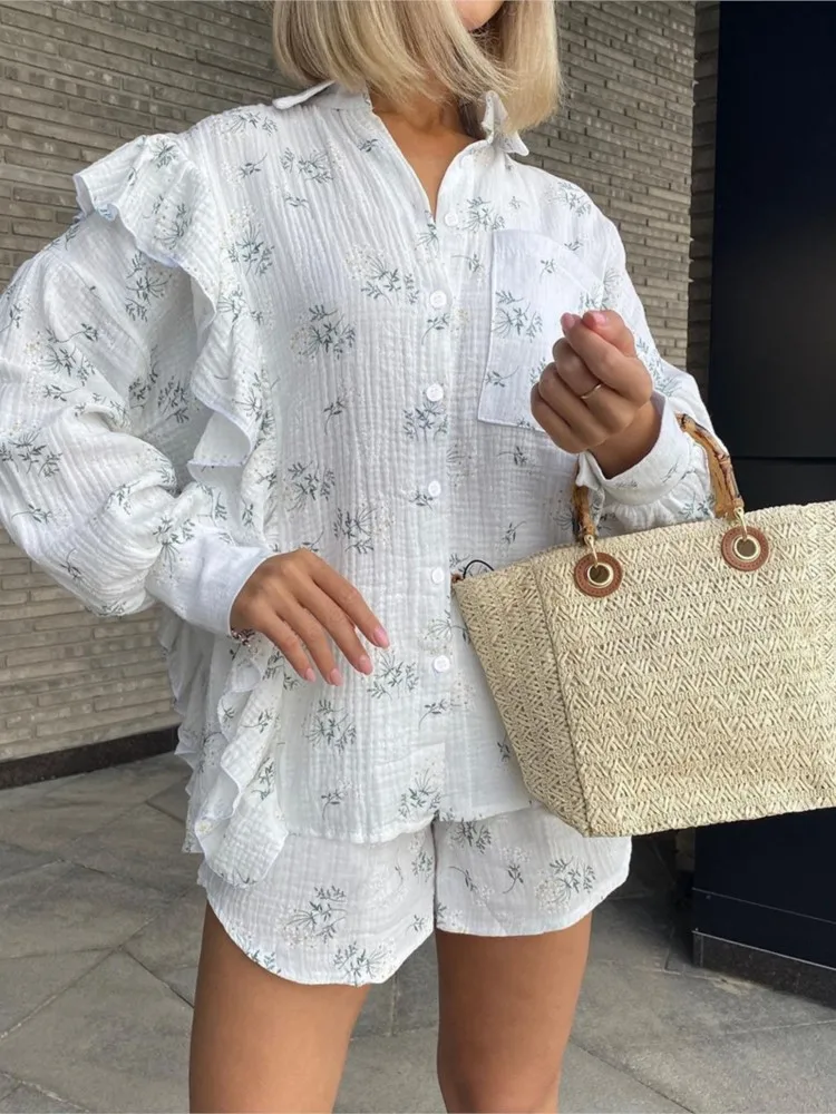 Plant Print Shirts And Shorts Two Piece Set 2025 New Spring Summer 100% Cotton Blouse + Shorts Fashion Casual Women Outfits
Plant Print Shirts And Shorts Two Piece Set 2025 New Spring Summer 100% Cotton Blouse + Shorts Fashion Casual Women Outfits