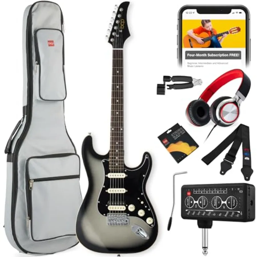 Beginner HSS electric guitar kit for practice: alder body, black finish, includes headphone amp, padded gig-bag, headphones, an
Beginner HSS electric guitar kit for practice: alder body, black finish, includes headphone amp, padded gig-bag, headphones, an