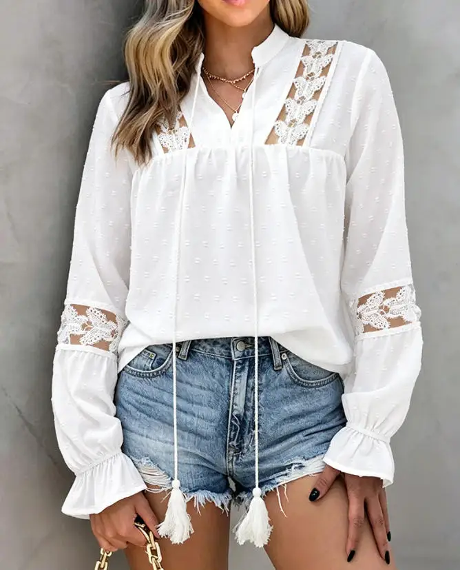 Women's Blouse 2026 New Butterfly Lace Patchwork Jacquard Shirt V-Neck Tassel Tie Blouse Loose Fit Flared Cuffs Hollow-Out Top
Women's Blouse 2026 New Butterfly Lace Patchwork Jacquard Shirt V-Neck Tassel Tie Blouse Loose Fit Flared Cuffs Hollow-Out Top
