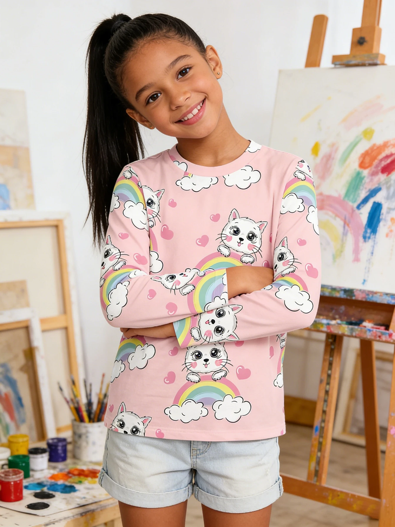 2026 Girls Pink White Cat Rainbow Cloud Love Full Print Long Sleeve T-Shirt, Casual Top
2026 Girls Pink White Cat Rainbow Cloud Love Full Print Long Sleeve T-Shirt, Casual Top