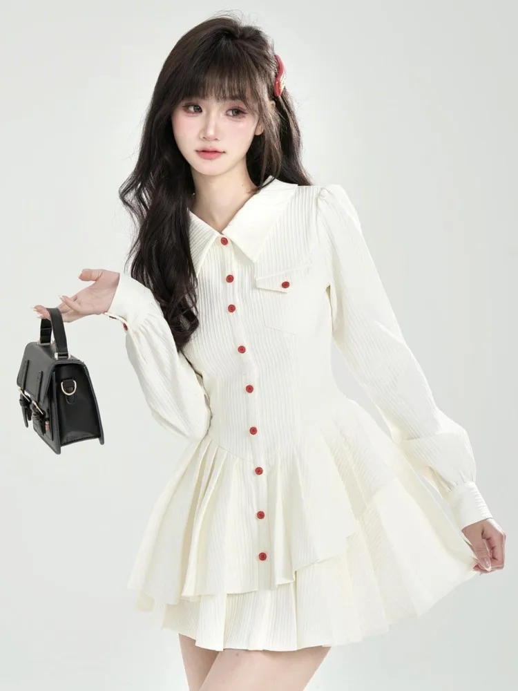 Autumn Mini Dress Preppy Style Turn-down Collar Bow Long Sleeve Solid Color Single Breasted A-line Vestidos Casual Pleated Dress
Autumn Mini Dress Preppy Style Turn-down Collar Bow Long Sleeve Solid Color Single Breasted A-line Vestidos Casual Pleated Dress
