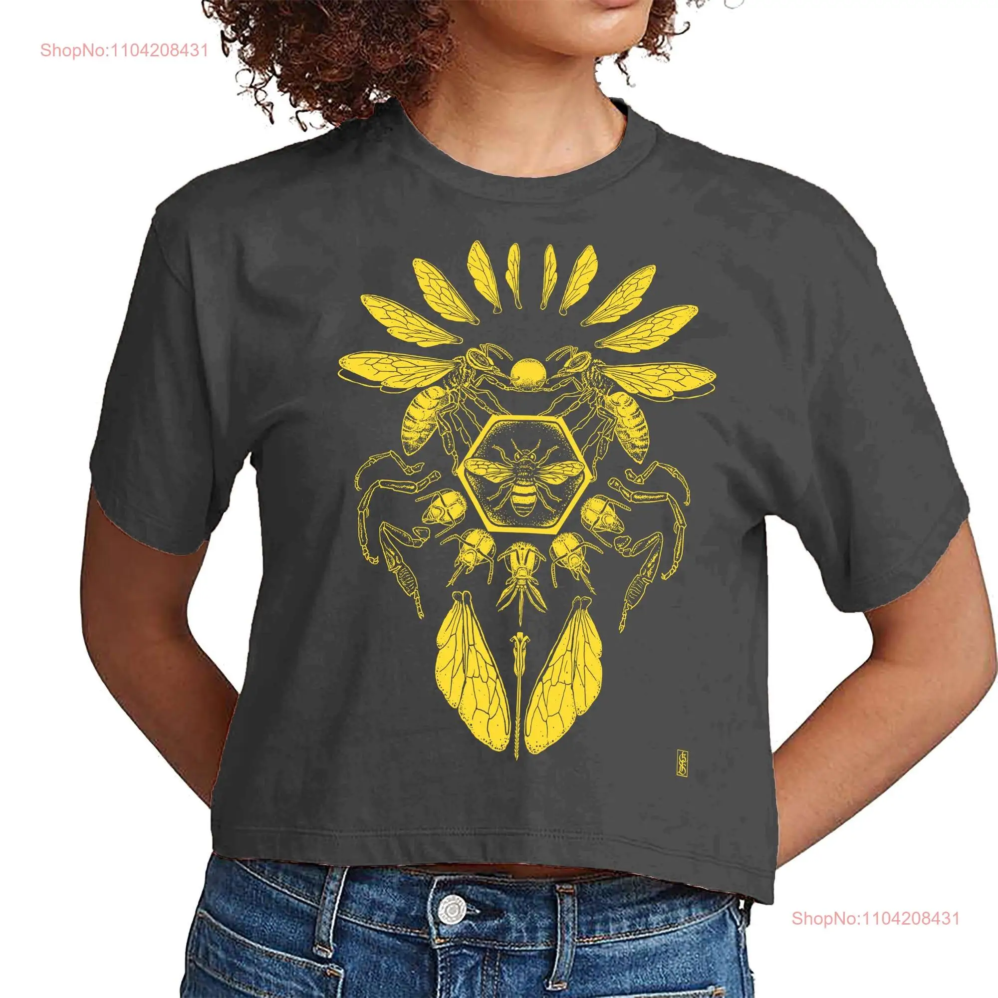 Honeybees CROP TOP womens T Shirt Honeycomb mandala design graphic tee discharge ink screenprint yellow on grey soft
Honeybees CROP TOP womens T Shirt Honeycomb mandala design graphic tee discharge ink screenprint yellow on grey soft