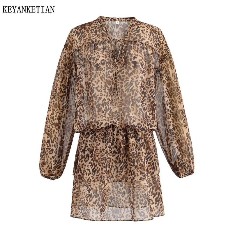 KEYANKETIAN 2026 Spring New Women's Leopard Print Mini Dress Retro style Lace Up V-neck Elastic waistband Chiffon Dresses
KEYANKETIAN 2026 Spring New Women's Leopard Print Mini Dress Retro style Lace Up V-neck Elastic waistband Chiffon Dresses