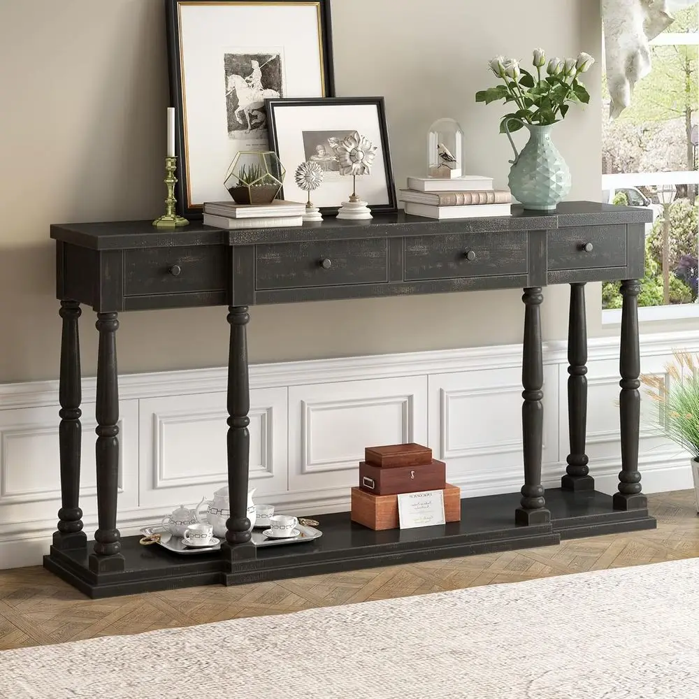 63 Long Vintage Wooden Sideboard with 4 Drawers and Open Bottom Shelf for Living Room, Bedroom, or Entryway (Antique Black)
63 Long Vintage Wooden Sideboard with 4 Drawers and Open Bottom Shelf for Living Room, Bedroom, or Entryway (Antique Black)
