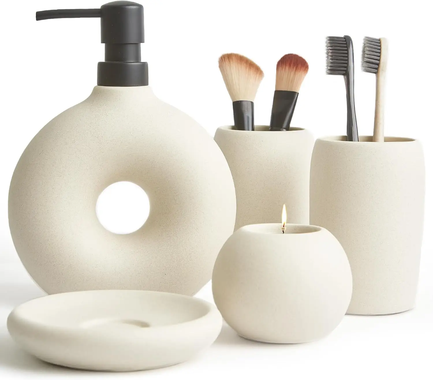 5-Piece Ceramic Bathroom Set: Soap Dispenser, Toothbrush Cup, Holder, Dish & Candle in Beige Boho Style
5-Piece Ceramic Bathroom Set: Soap Dispenser, Toothbrush Cup, Holder, Dish & Candle in Beige Boho Style