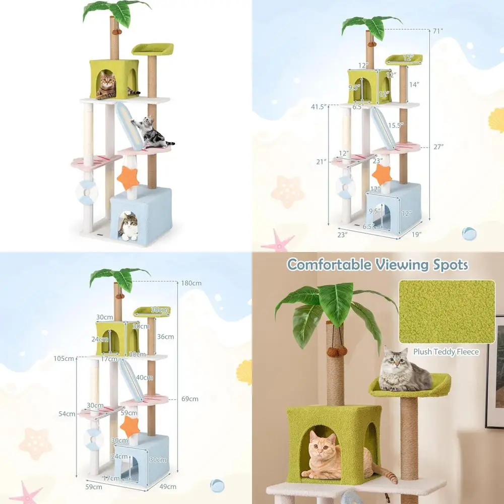 71 Tall Beach-Style Cat Tower with Multi-Level Platforms, Scratch Posts, Dual Condos, Ramp, Faux Foliage, and Interactive Toys
71 Tall Beach-Style Cat Tower with Multi-Level Platforms, Scratch Posts, Dual Condos, Ramp, Faux Foliage, and Interactive Toys