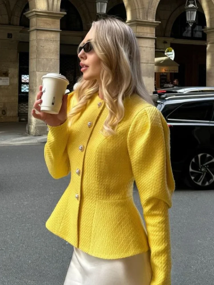 Women Yellow Waist Cinching Commuter Jacket Fashion O-neck Long Sleeve Single-breasted Short Coat Autumn Lady Street Outerwear
Women Yellow Waist Cinching Commuter Jacket Fashion O-neck Long Sleeve Single-breasted Short Coat Autumn Lady Street Outerwear