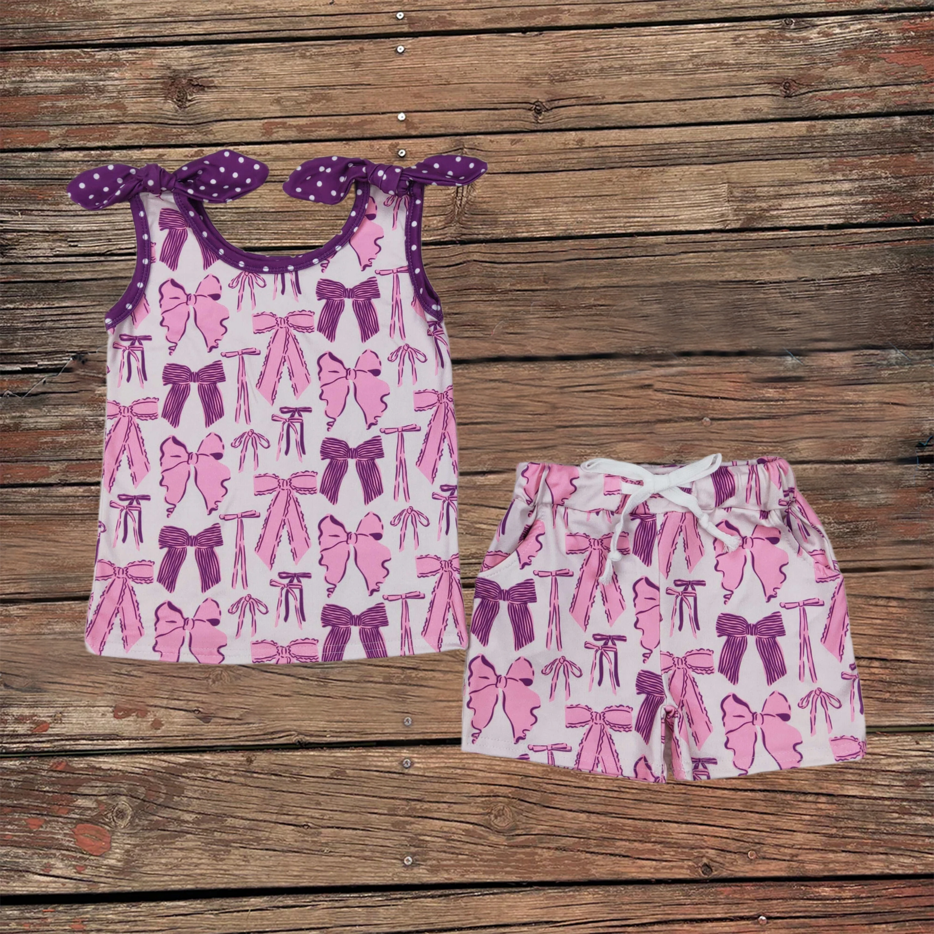 Wholesale Infant Toddler Sleeveless Baby Girl Purple Bows Straps Top Kids Shorts Clothes Sets Children Summer Pajamas Outfit
Wholesale Infant Toddler Sleeveless Baby Girl Purple Bows Straps Top Kids Shorts Clothes Sets Children Summer Pajamas Outfit