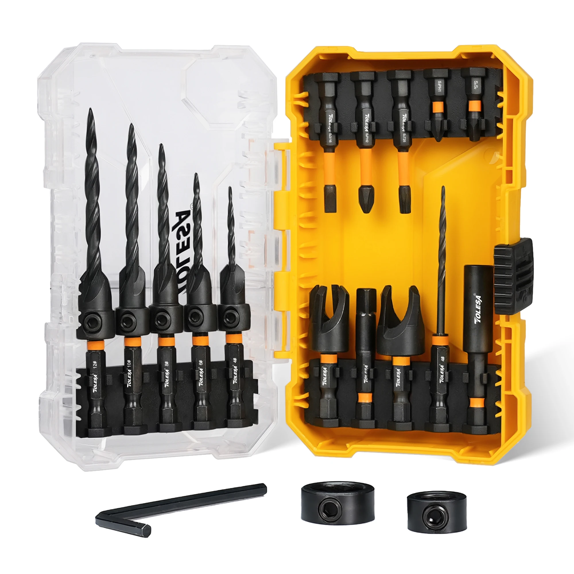 TOLESA 18PC Countersink Drill Bit Set, Tapered Drill Bits for Wood, with Wood Plug Cutter, Extension Bit Holder, Screwdriver Bit
TOLESA 18PC Countersink Drill Bit Set, Tapered Drill Bits for Wood, with Wood Plug Cutter, Extension Bit Holder, Screwdriver Bit