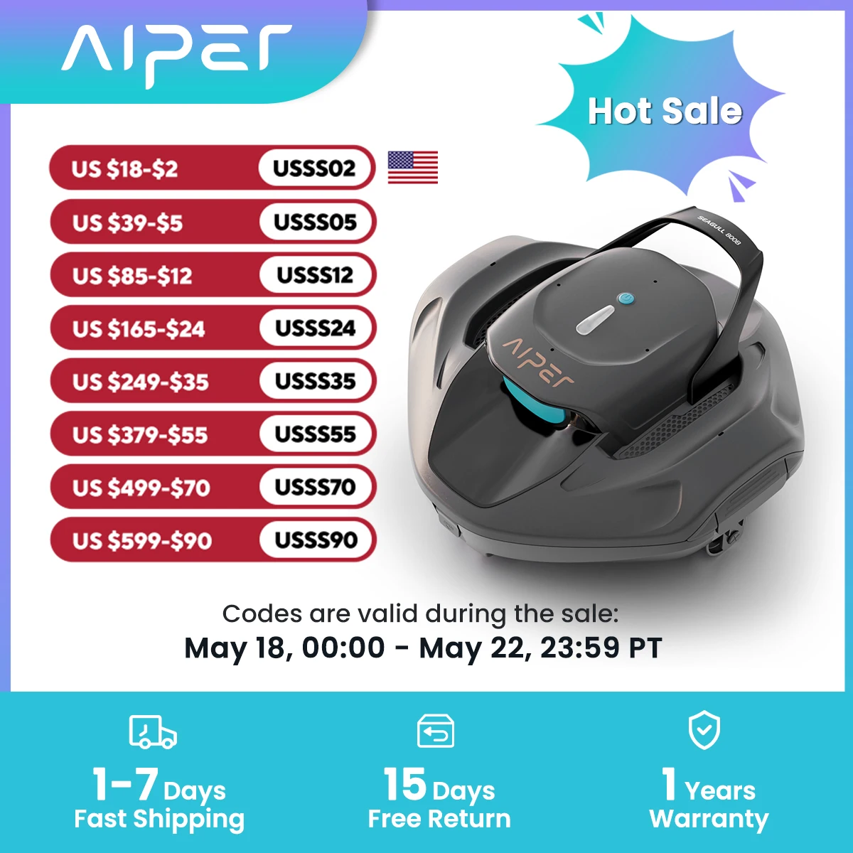 Refurbished Aiper Seagull 800B Cordless Robotic Pool Vacuum, Self-Parking Technology, 90-Min Battery LED Indicato
Refurbished Aiper Seagull 800B Cordless Robotic Pool Vacuum, Self-Parking Technology, 90-Min Battery LED Indicato