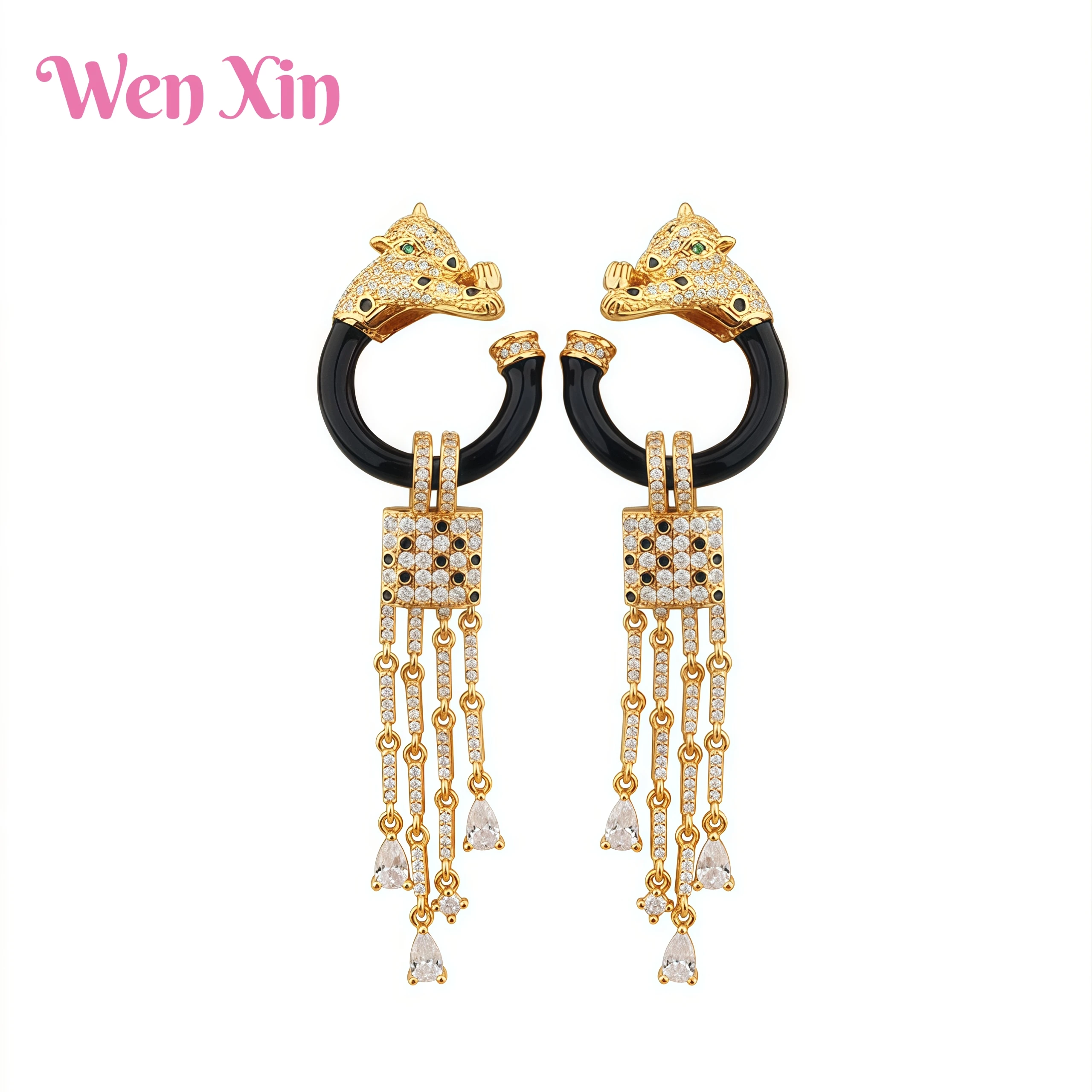 WENXIN Top Quality Luxury Brand Full Diamond Earrings Gold Plated Obsidian Delicate Leopard Head Tassel Earrings Animal Earrings
WENXIN Top Quality Luxury Brand Full Diamond Earrings Gold Plated Obsidian Delicate Leopard Head Tassel Earrings Animal Earrings