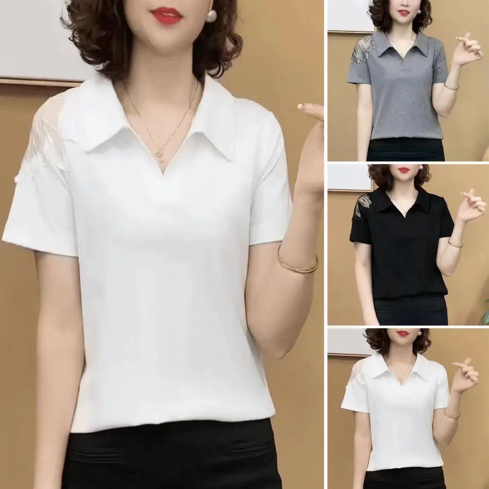 Women T-shirt Soft Texture Loose Fit Tops Elegant Lace Splicing Women's Summer Tops Lapel Short Sleeve Hollow Lace Splicing Tops
Women T-shirt Soft Texture Loose Fit Tops Elegant Lace Splicing Women's Summer Tops Lapel Short Sleeve Hollow Lace Splicing Tops