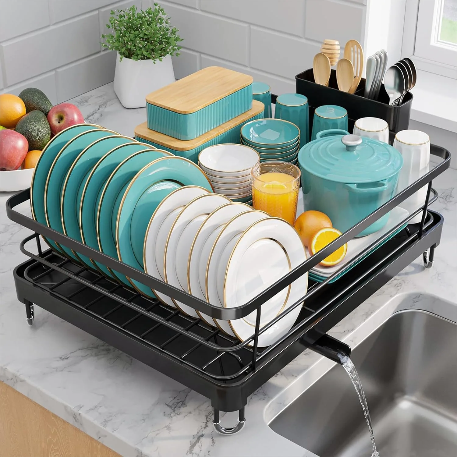 Stainless Steel Dish Drying Rack For Kitchen Counter With Silverware Holder, 12.5"W X 16.5"L, Black
Stainless Steel Dish Drying Rack For Kitchen Counter With Silverware Holder, 12.5"W X 16.5"L, Black