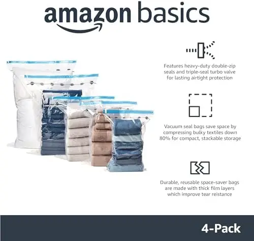Basics Vacuum Storage Bags with Hand Pump - X-Large 4-Pack for Clothes & Blankets - Space Saving
Basics Vacuum Storage Bags with Hand Pump - X-Large 4-Pack for Clothes & Blankets - Space Saving