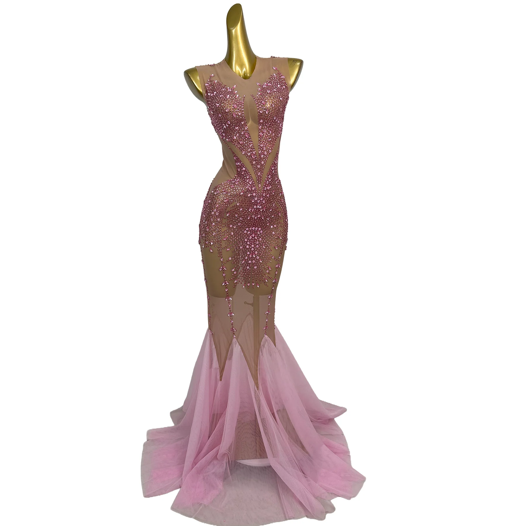 Chanyi Luxury Pink Rhinestone Nude Mesh Sleeveless Mermaid Dress with Tulle Hem Formal Evening Wedding Guest Gown
Chanyi Luxury Pink Rhinestone Nude Mesh Sleeveless Mermaid Dress with Tulle Hem Formal Evening Wedding Guest Gown