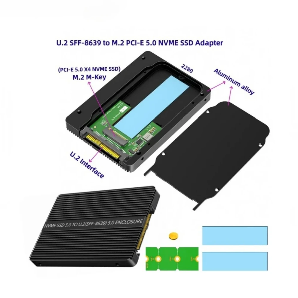 Z U.2 SFF-8639 Interface To NGFF M.2 M-Key Adapter Card with Pure Aluminum Enclosure Case for 2280 PCI-E 5.0 M2 NVME SSD
Z U.2 SFF-8639 Interface To NGFF M.2 M-Key Adapter Card with Pure Aluminum Enclosure Case for 2280 PCI-E 5.0 M2 NVME SSD