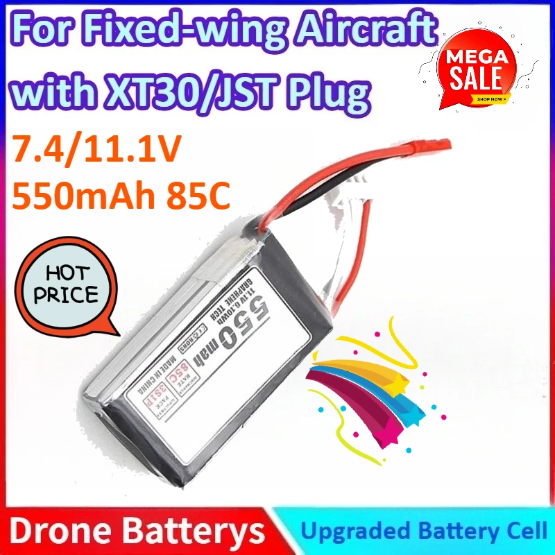 New 85C 2S/3S 7.4/11.1V 550mAh Graphene Lithium Battery for Mini Quadcopter, Fixed-wing Aircraft RC Boat Part with XT30/JST Plug
New 85C 2S/3S 7.4/11.1V 550mAh Graphene Lithium Battery for Mini Quadcopter, Fixed-wing Aircraft RC Boat Part with XT30/JST Plug