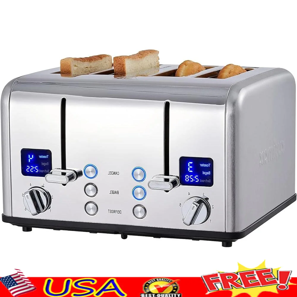 4 Slice Toaster with LED Display Extra Wide Slots Dual Control Panels 6 Shade Settings Cancel Bagel Defrost Functions
4 Slice Toaster with LED Display Extra Wide Slots Dual Control Panels 6 Shade Settings Cancel Bagel Defrost Functions