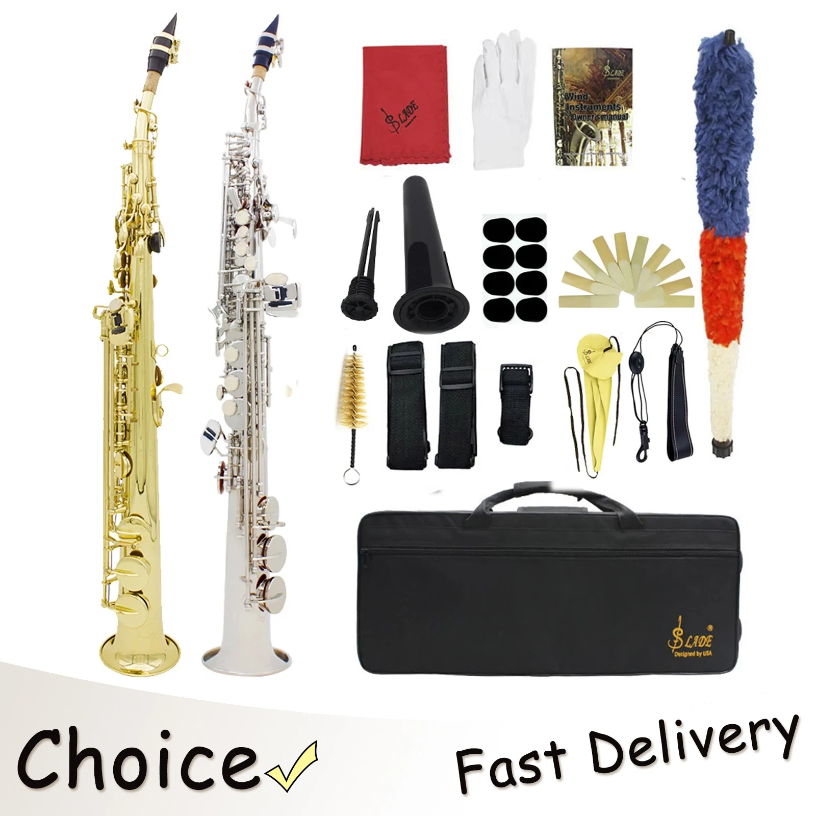 SLADE Bb Tune Soprano Saxophone Brass Sax Professional Musical Instrument With Case Reeds Gloves Stand Cloth Sax Accessories
SLADE Bb Tune Soprano Saxophone Brass Sax Professional Musical Instrument With Case Reeds Gloves Stand Cloth Sax Accessories