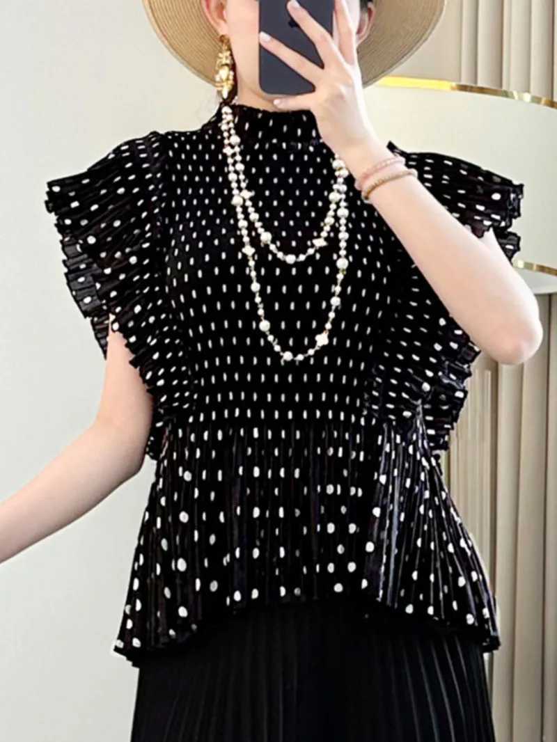Slim Black Elastic Dot Printting Pleated Women's T-shirt Summer Bawting Short Sleeve Stand Collar Pullover Top 2Q4GG
Slim Black Elastic Dot Printting Pleated Women's T-shirt Summer Bawting Short Sleeve Stand Collar Pullover Top 2Q4GG