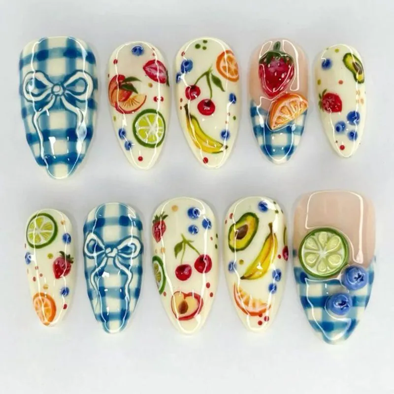 24PCS Summer Fruit Almond Press on Nails Sweet Blue Plaid Bow French False Nails Cute Cherry Lemon Wearable Manicure Fake Nails
24PCS Summer Fruit Almond Press on Nails Sweet Blue Plaid Bow French False Nails Cute Cherry Lemon Wearable Manicure Fake Nails