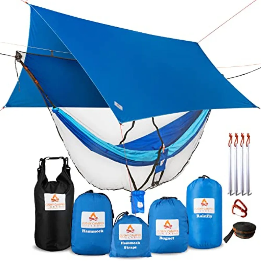 Camping hammock system with nylon fabric, gray color, includes rain fly, bug net, tree straps and dry bag for all-weather outdo
Camping hammock system with nylon fabric, gray color, includes rain fly, bug net, tree straps and dry bag for all-weather outdo