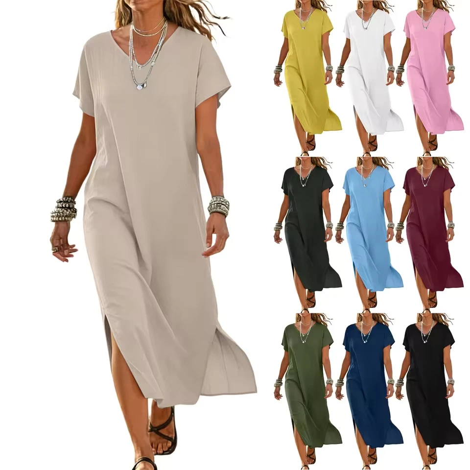 Women Summer Bohemian Flowy Beach Vacation Solid Color Short Sleeve V Neck Slit Maxi Dress Summer Dresses For Women
Women Summer Bohemian Flowy Beach Vacation Solid Color Short Sleeve V Neck Slit Maxi Dress Summer Dresses For Women