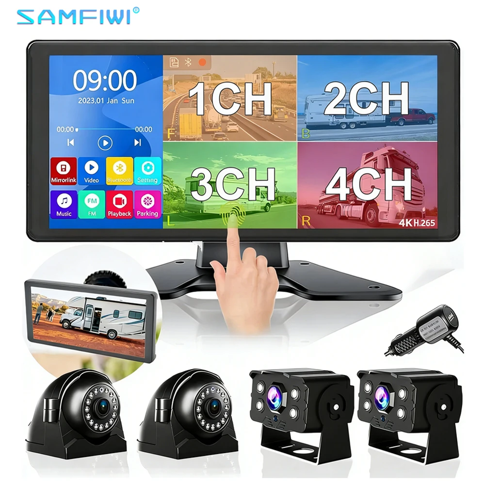 10.36' Touch 4CH DVR Backup Camera Kit with 1080P Waterproof Night Vision Cameras Bluetooth MP5 Player for RV Truck Camper
10.36' Touch 4CH DVR Backup Camera Kit with 1080P Waterproof Night Vision Cameras Bluetooth MP5 Player for RV Truck Camper