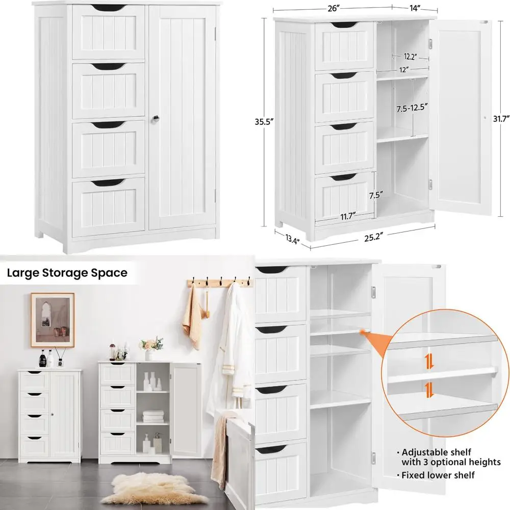Large Freestanding Bathroom Floor Cabinet with 4 Drawers and Single Door for Storage in Living Room and Kitchen 
Large Freestanding Bathroom Floor Cabinet with 4 Drawers and Single Door for Storage in Living Room and Kitchen
