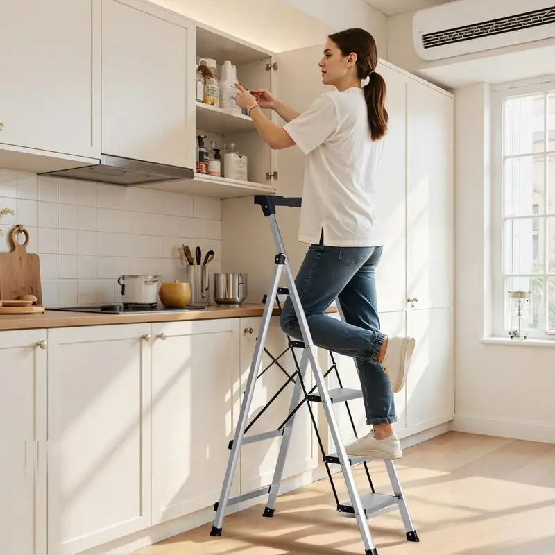 5 Step Ladder, Folding Step Stool with Wide Anti-Slip Pedal and Comfort Handgrip, 330 lbs Capacity Portable Aluminum Stepladder, Multi-Use for Kitchen, Warehouse, Household and Office, Silver
5 Step Ladder, Folding Step Stool with Wide Anti-Slip Pedal and Comfort Handgrip, 330 lbs Capacity Portable Aluminum Stepladder, Multi-Use for Kitchen, Warehouse, Household and Office, Silver