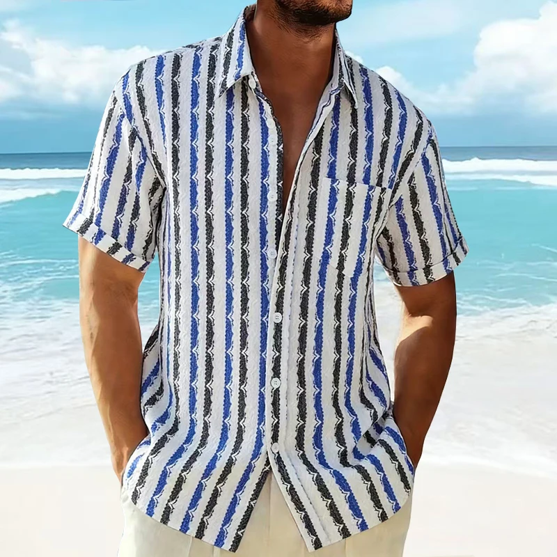 Short Sleeve Loose Casual Button Shirt Blouses Men's Summer Streetwear Retro Cuban Collar Crocheted Hollow Striped
Short Sleeve Loose Casual Button Shirt Blouses Men's Summer Streetwear Retro Cuban Collar Crocheted Hollow Striped