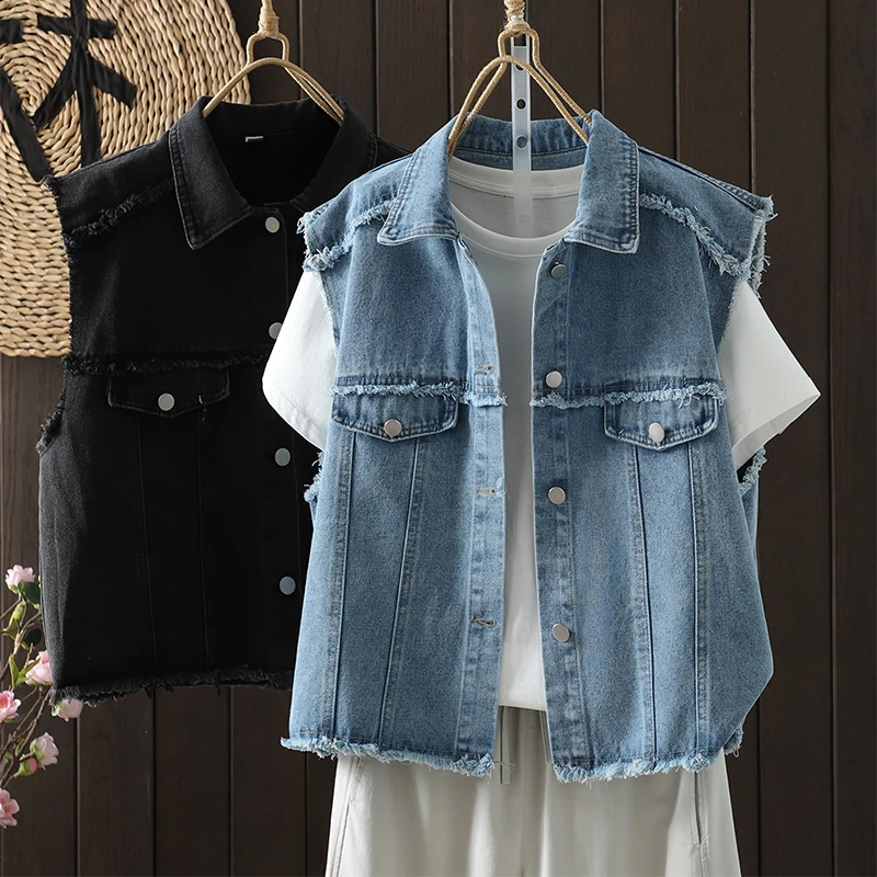 Loose Casual Versatile Short Denim Vest Jacket Turn-down Blue Single Button Thin Street Style Women's plus Size Coat
Loose Casual Versatile Short Denim Vest Jacket Turn-down Blue Single Button Thin Street Style Women's plus Size Coat