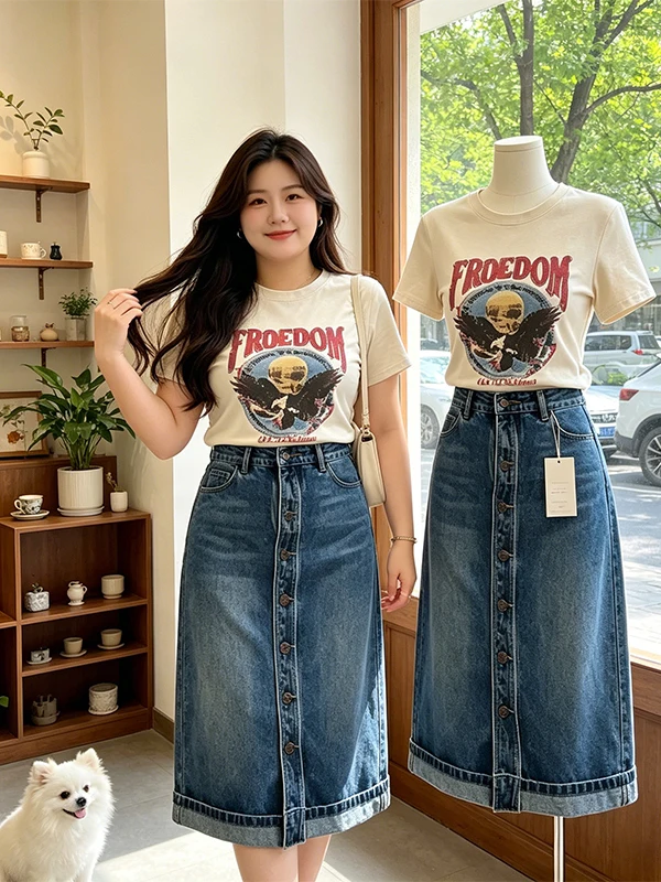 plus Size Hong Kong Style Printed Top And Denim Skirt Set Women's Summer New Slimming Two Piece Suit Korean Loose Fit High Waist
plus Size Hong Kong Style Printed Top And Denim Skirt Set Women's Summer New Slimming Two Piece Suit Korean Loose Fit High Waist