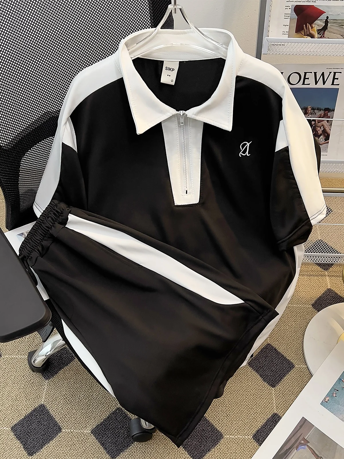 Summer Sportswear Short Sleeve Shirt And Shorts Set Black White Color Block Unisex Youth Casual Fashion Half Zipper
Summer Sportswear Short Sleeve Shirt And Shorts Set Black White Color Block Unisex Youth Casual Fashion Half Zipper
